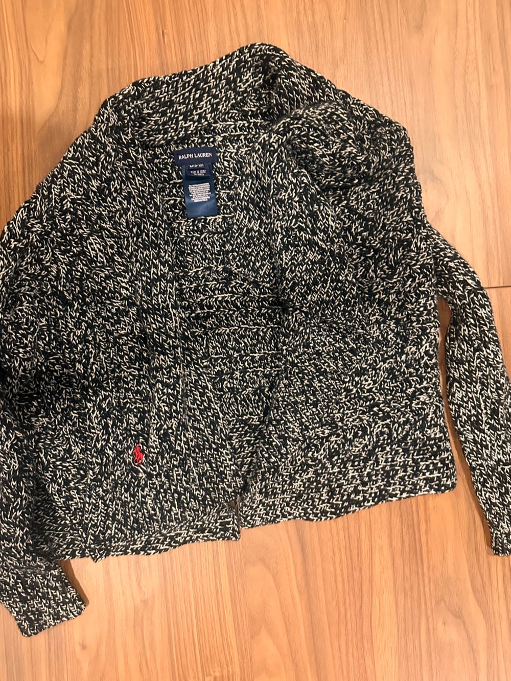 Ralph Lauren Black & White Marled Shawl Collar Cardigan with Red Pony
